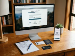 Desktop and mobile screens beside abstract identity documents in an account verification workflow