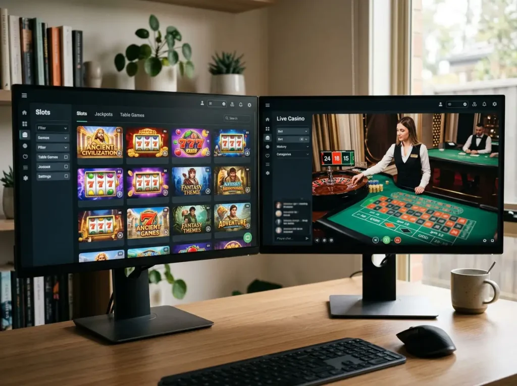 Generic casino lobby scene with slot screens and live table imagery on separate displays