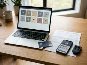 Laptop beside a bank card, bank transfer document and generic crypto wallet on a clean desk