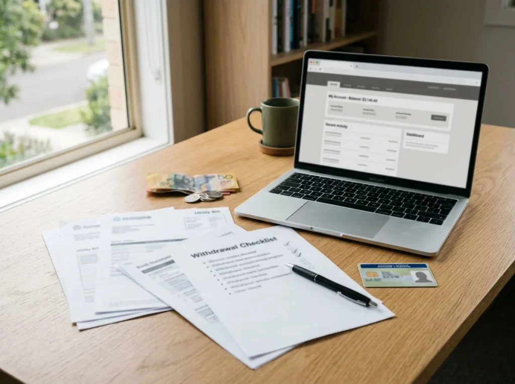 Laptop, generic account documents and a payment checklist arranged on a desk