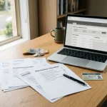Laptop, generic account documents and a payment checklist arranged on a desk