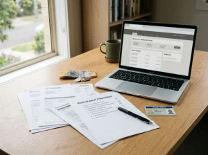 Laptop, generic account documents and a payment checklist arranged on a desk